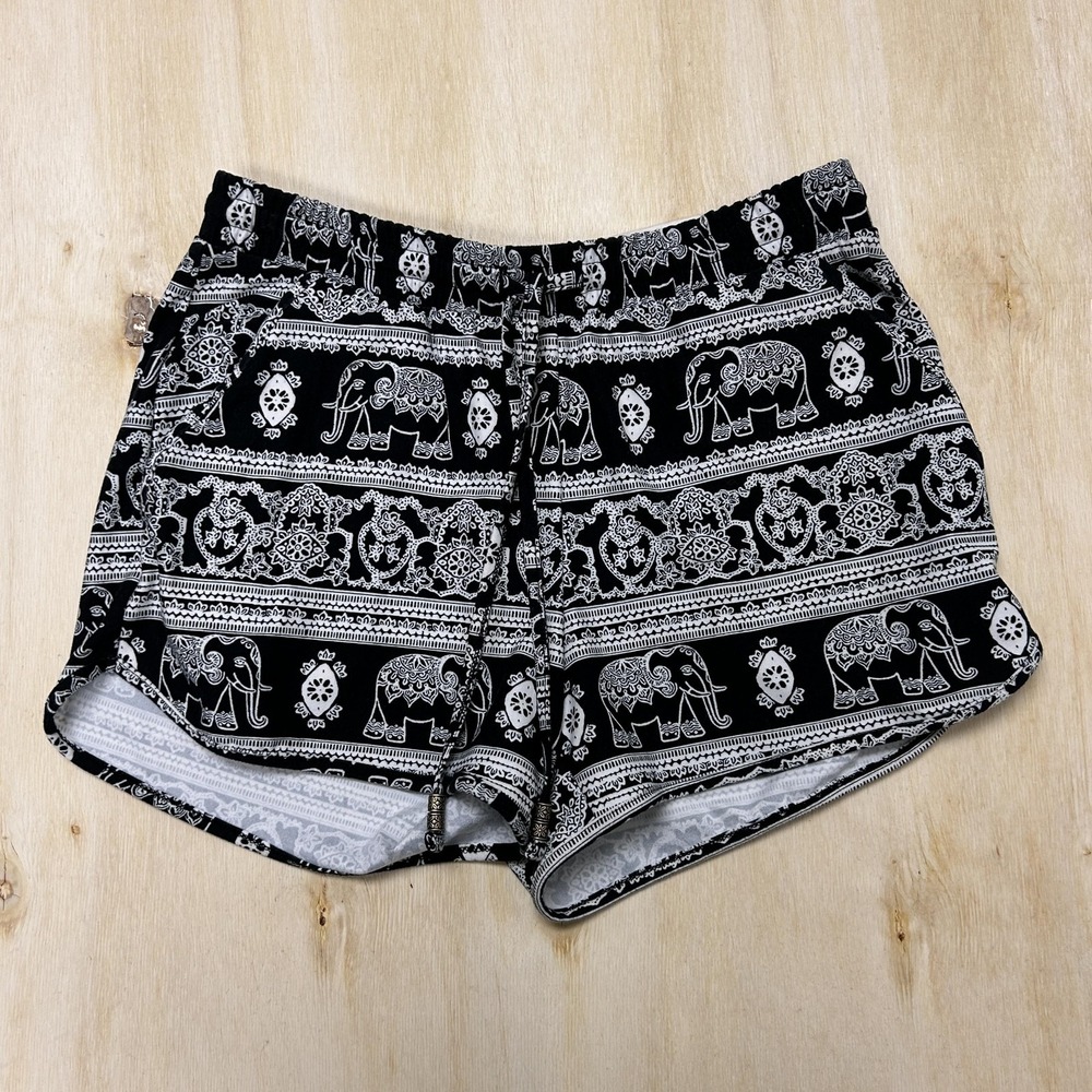 Mudd Shorts Womens XS Black Elephant Print Sueded Jersey Sweat Boho Lounge